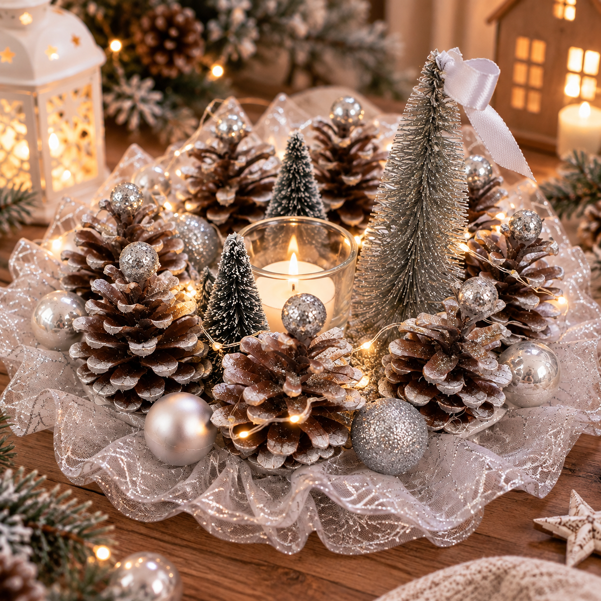 Centre de table de Noël argent lumineux en décoration sur une table de fêtes
