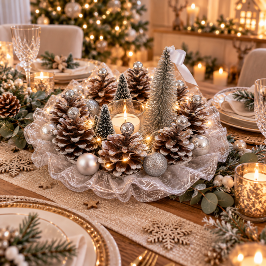 Centre de table de Noël fait main argent avec pommes de pin, tulle, sapins et guirlande lumineuse
