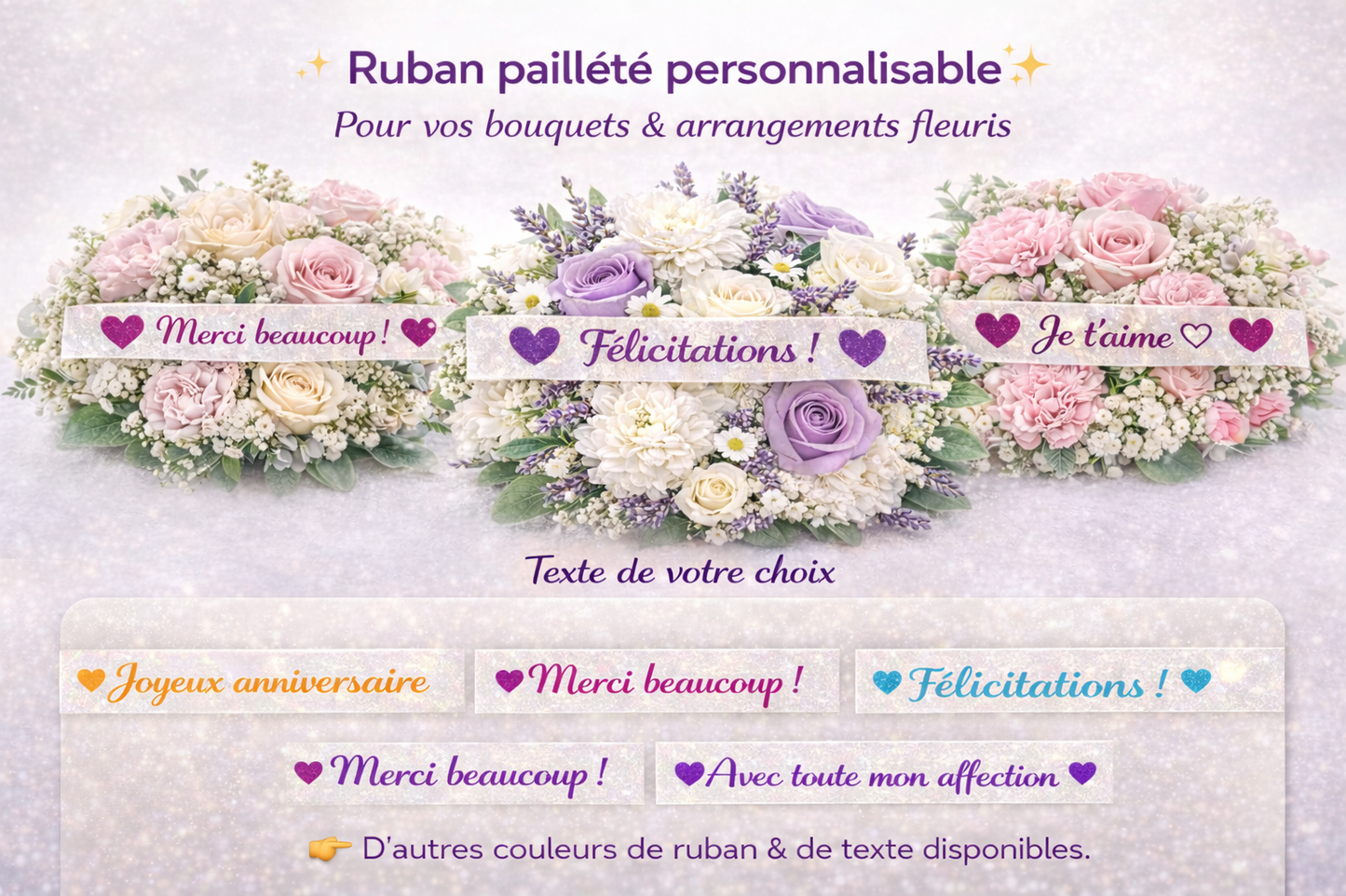 Ruban pailleté personnalisable pour bouquet de fleurs – message personnalisé cadeau floral Heyl’Créations
