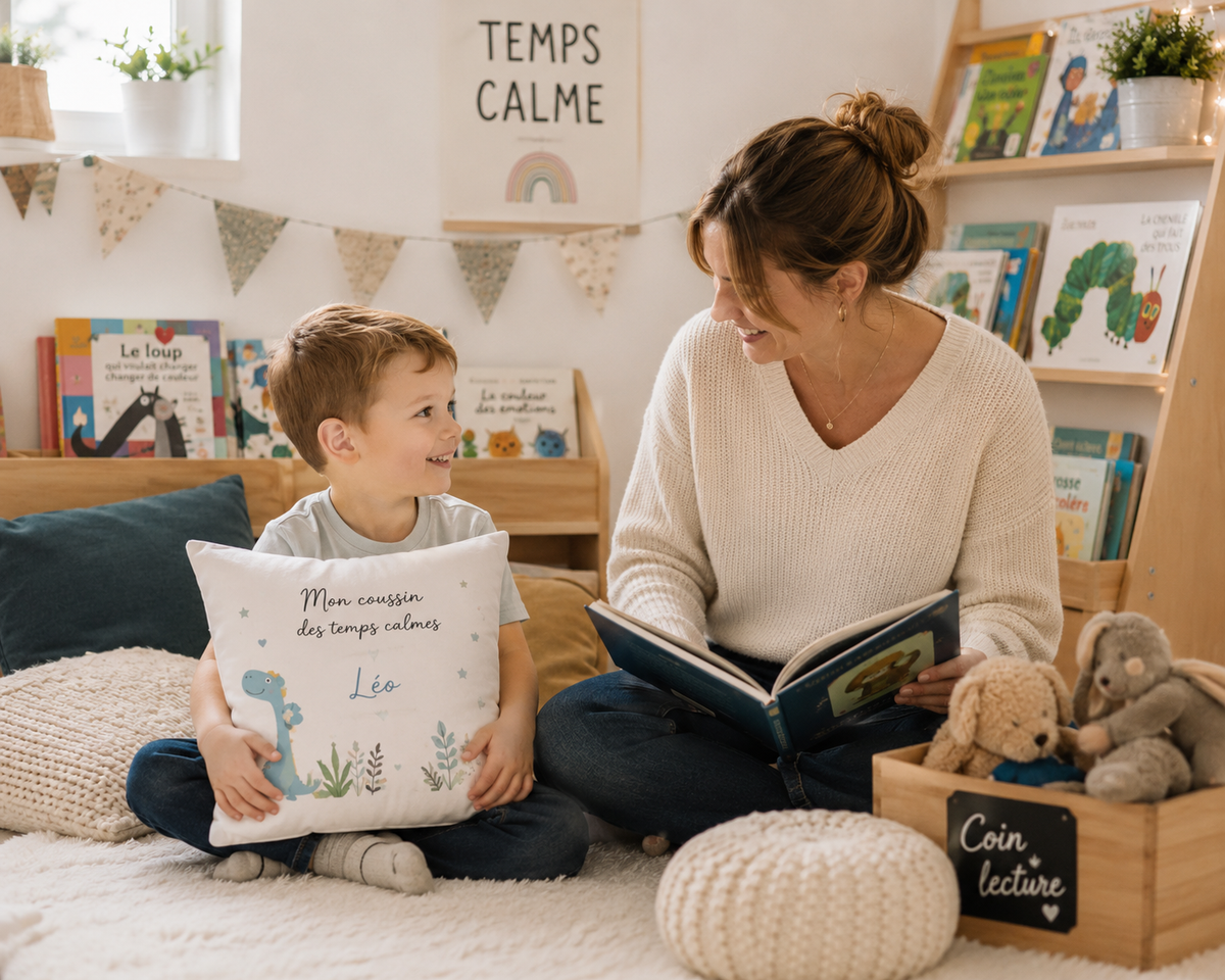 Coussin personnalisé prénom pour enfant de maternelle utilisé pendant un temps calme de lecture avec la maîtresse. Coussin enfant fait main idéal pour l’école, le coin lecture, le repos et la sieste.