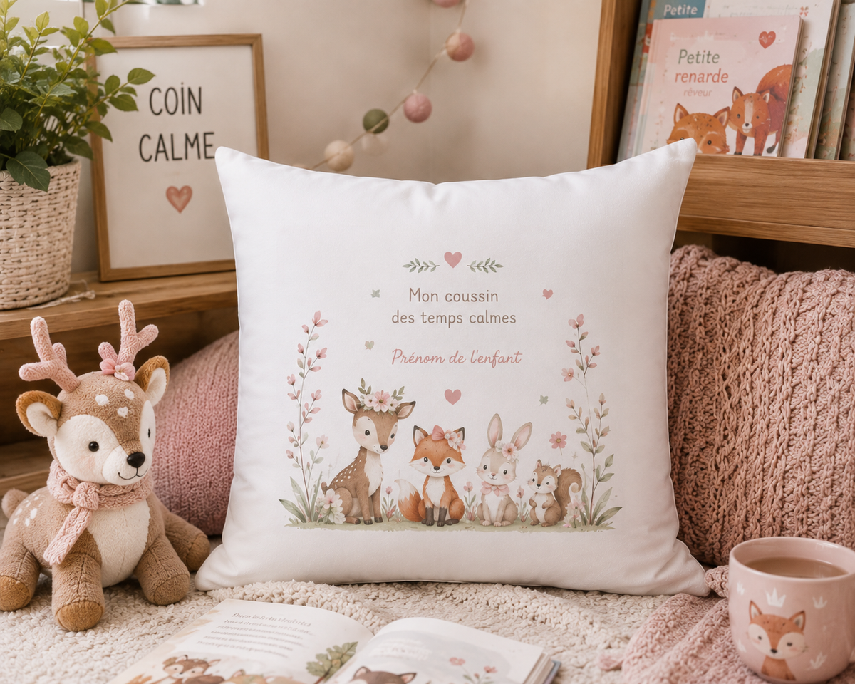 Coussin personnalisé enfant 45x45 cm fait main, thème animaux de la forêt girly avec prénom, idéal pour l'école, la maternelle et les temps calmes.