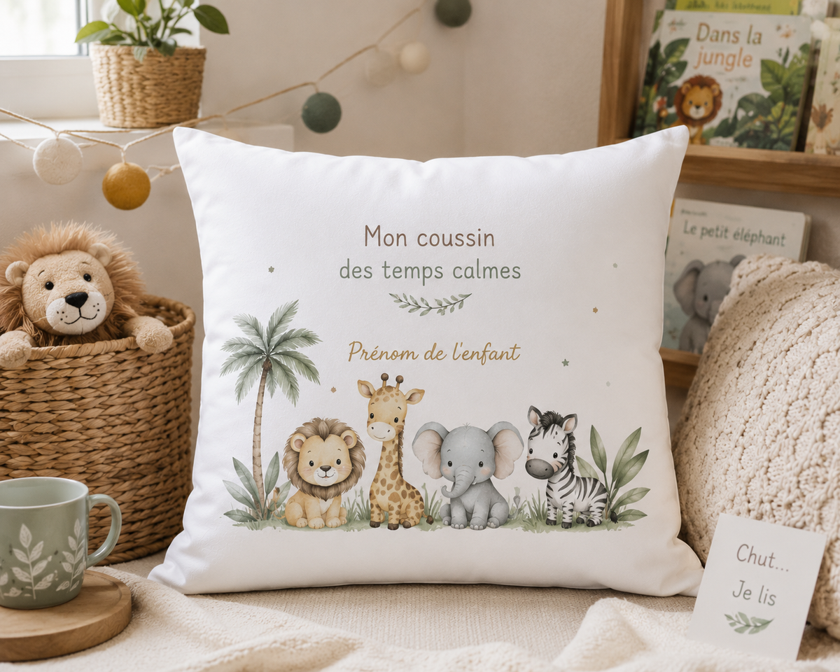 Coussin personnalisé enfant 45 x 45 cm blanc sur le thème safari avec animaux de la jungle, lion, girafe, éléphant et feuillages. Coussin prénom fait main idéal pour l’école, les temps calmes ou la chambre d’enfant.