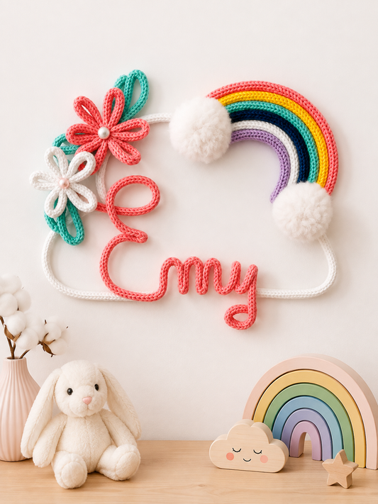 Décoration prénom Emy en tricotin personnalisée avec nuage, arc-en-ciel, fleurs, pompons et cœurs suspendus.