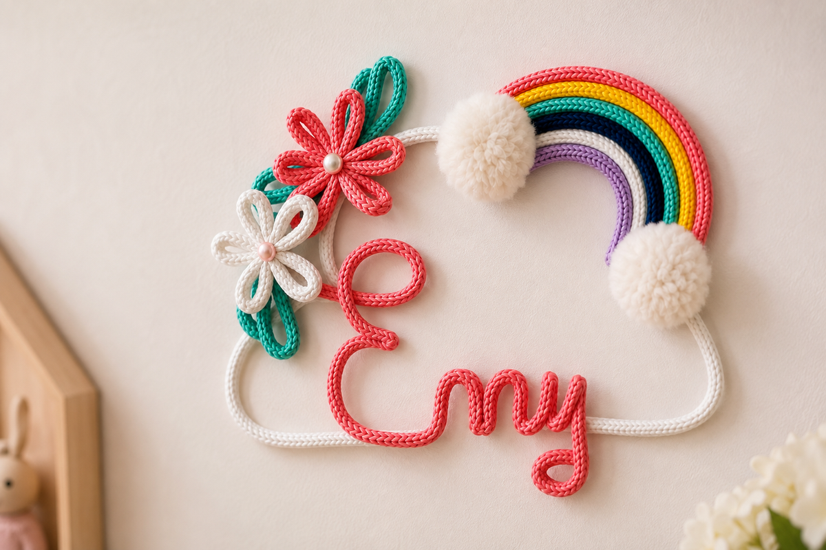 Gros plan sur le prénom Emy en tricotin fait main avec fleurs, arc-en-ciel coloré et pompons blancs.