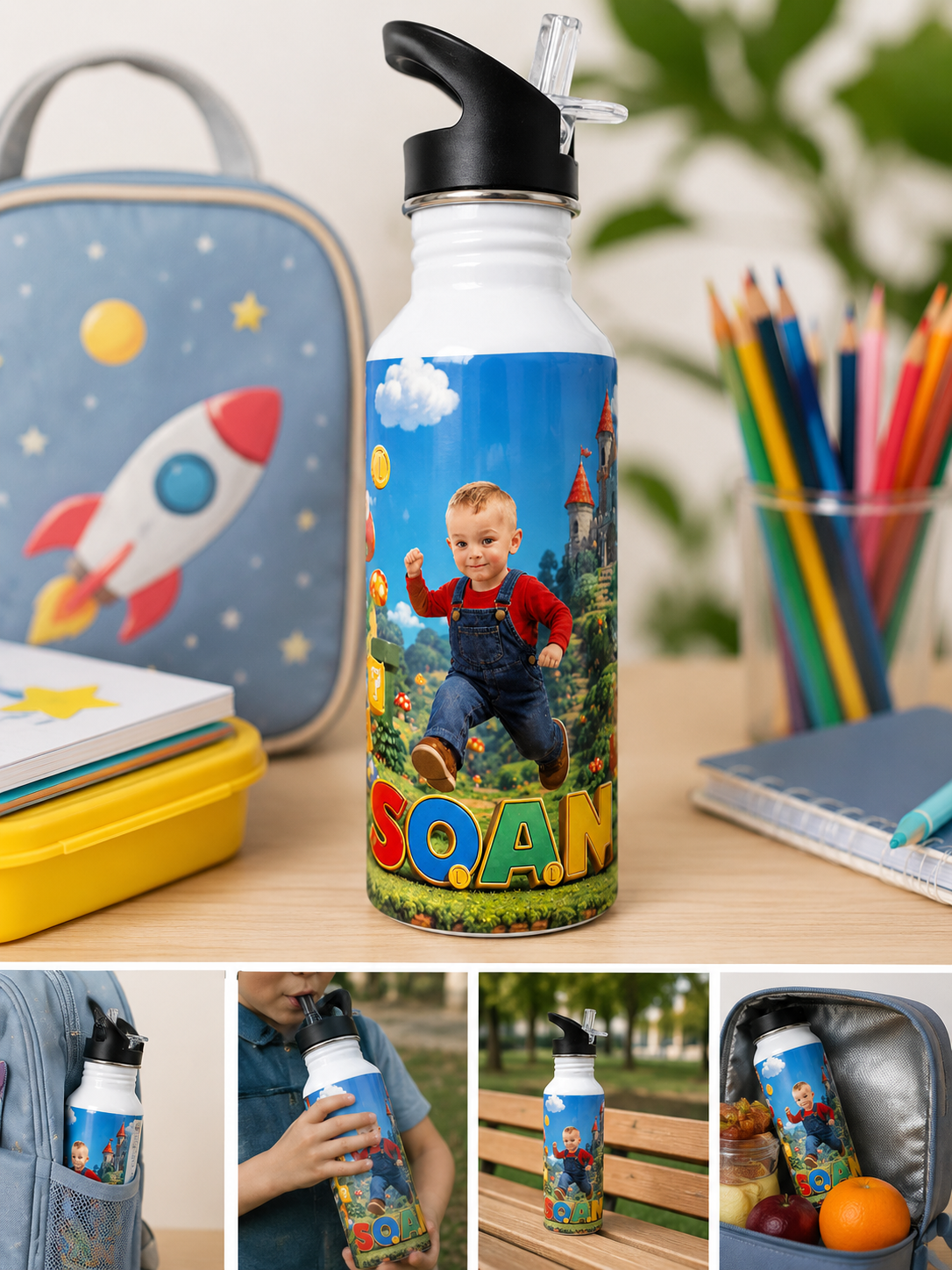 Gourde personnalisée blanche en aluminium 600 ml avec paille, prénom Soan et photo de l’enfant, réalisée par sublimation par Heyl’Créations.