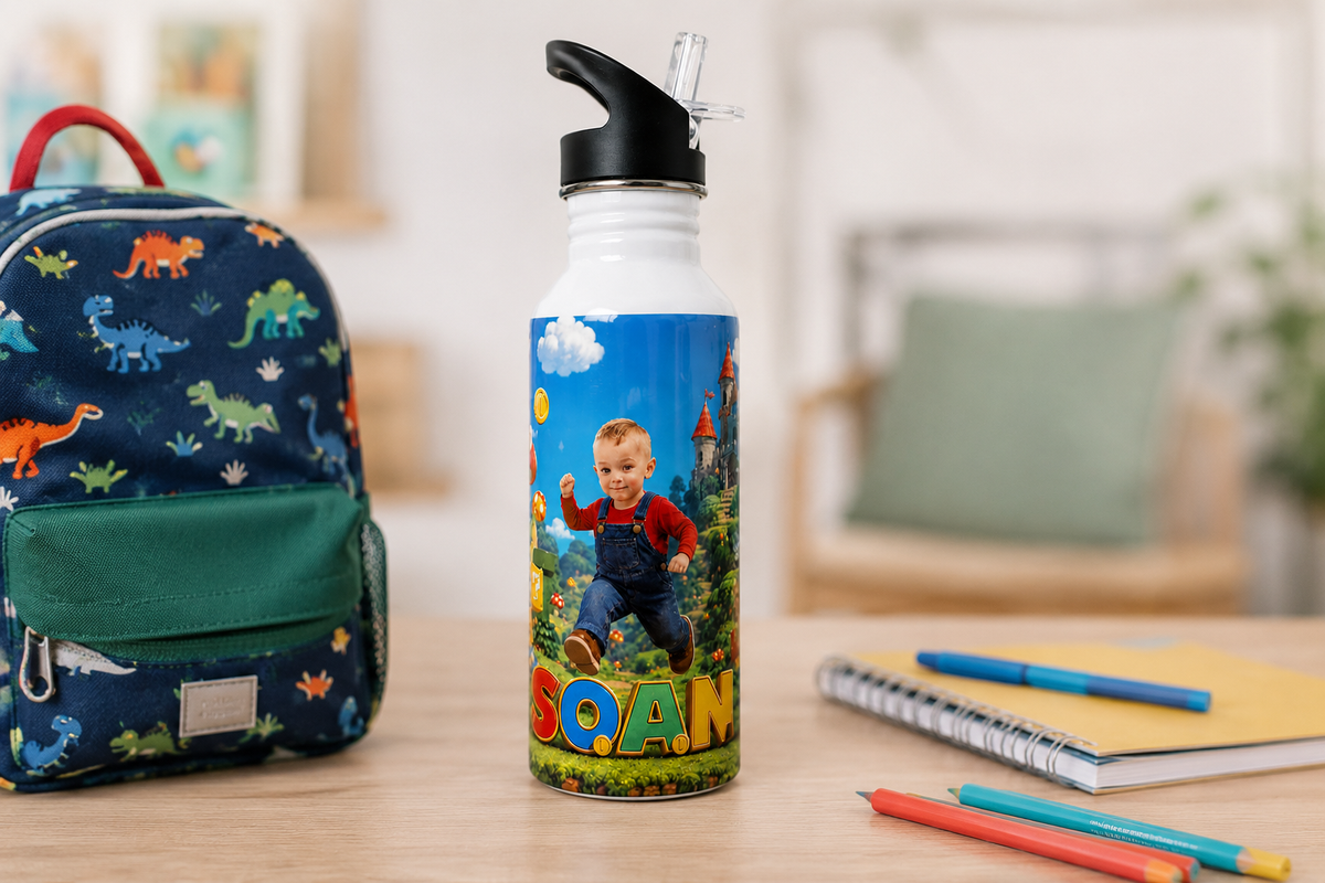 Gourde personnalisée enfant 600 ml avec prénom Soan, photo et design coloré, bouchon avec paille, idéale pour l’école et la maternelle.