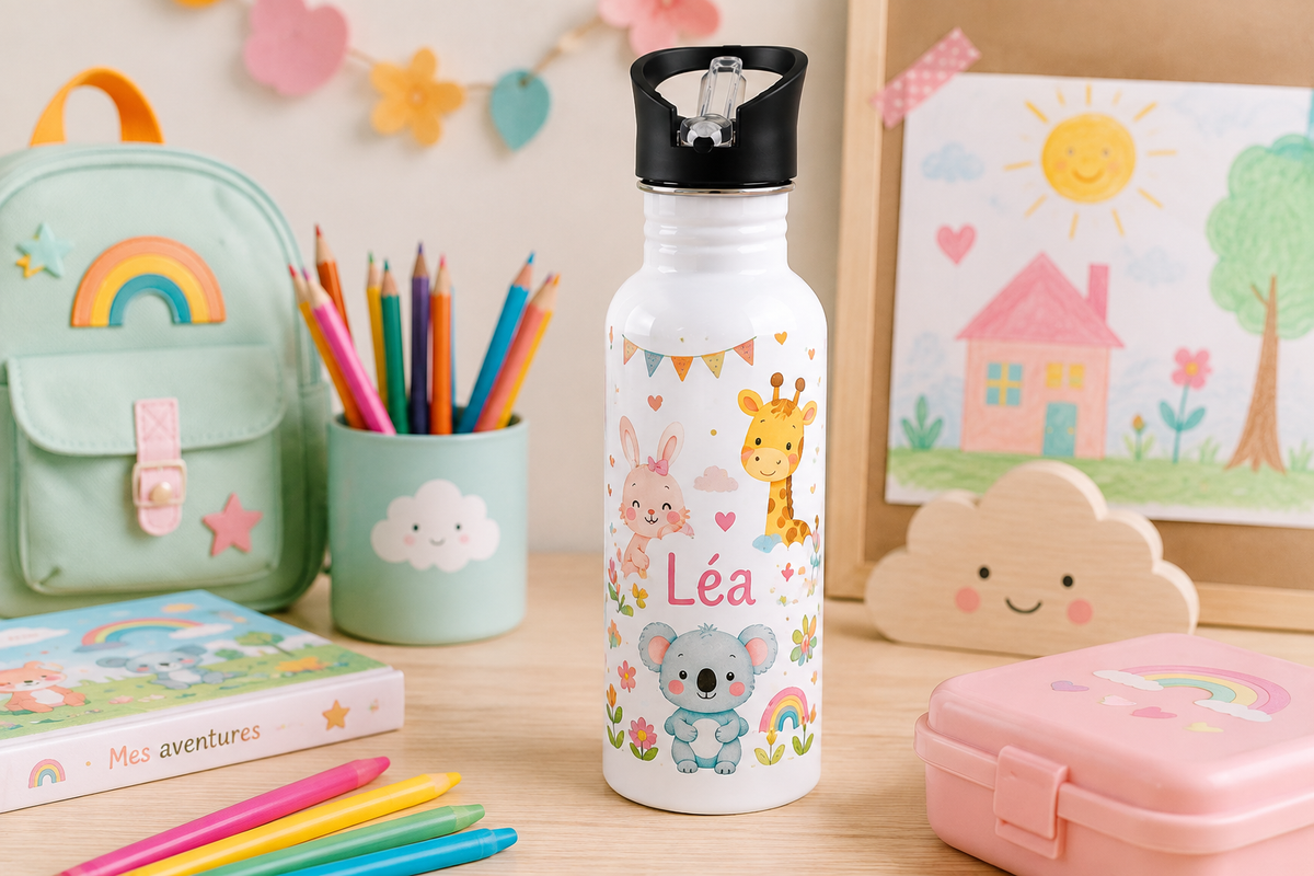 Gourde personnalisée enfant 600 ml avec prénom Léa, animaux et motifs colorés, idéale pour l'école et la maternelle.