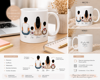 Tasse Personnalisée Famille de Dos – Papa, Maman, Enfants & Animaux | Mug 12 oz