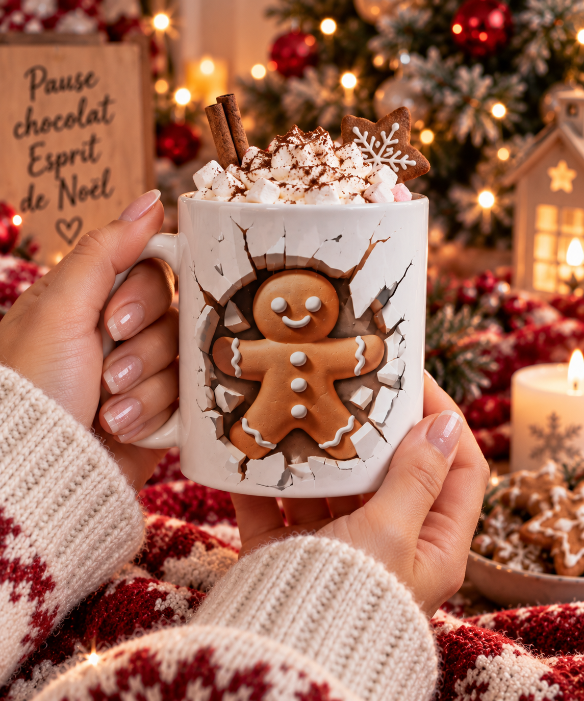 Mug de Noël 350 ml motif P’tit Biscuit tenu dans les mains avec chocolat chaud, ambiance cosy et festive