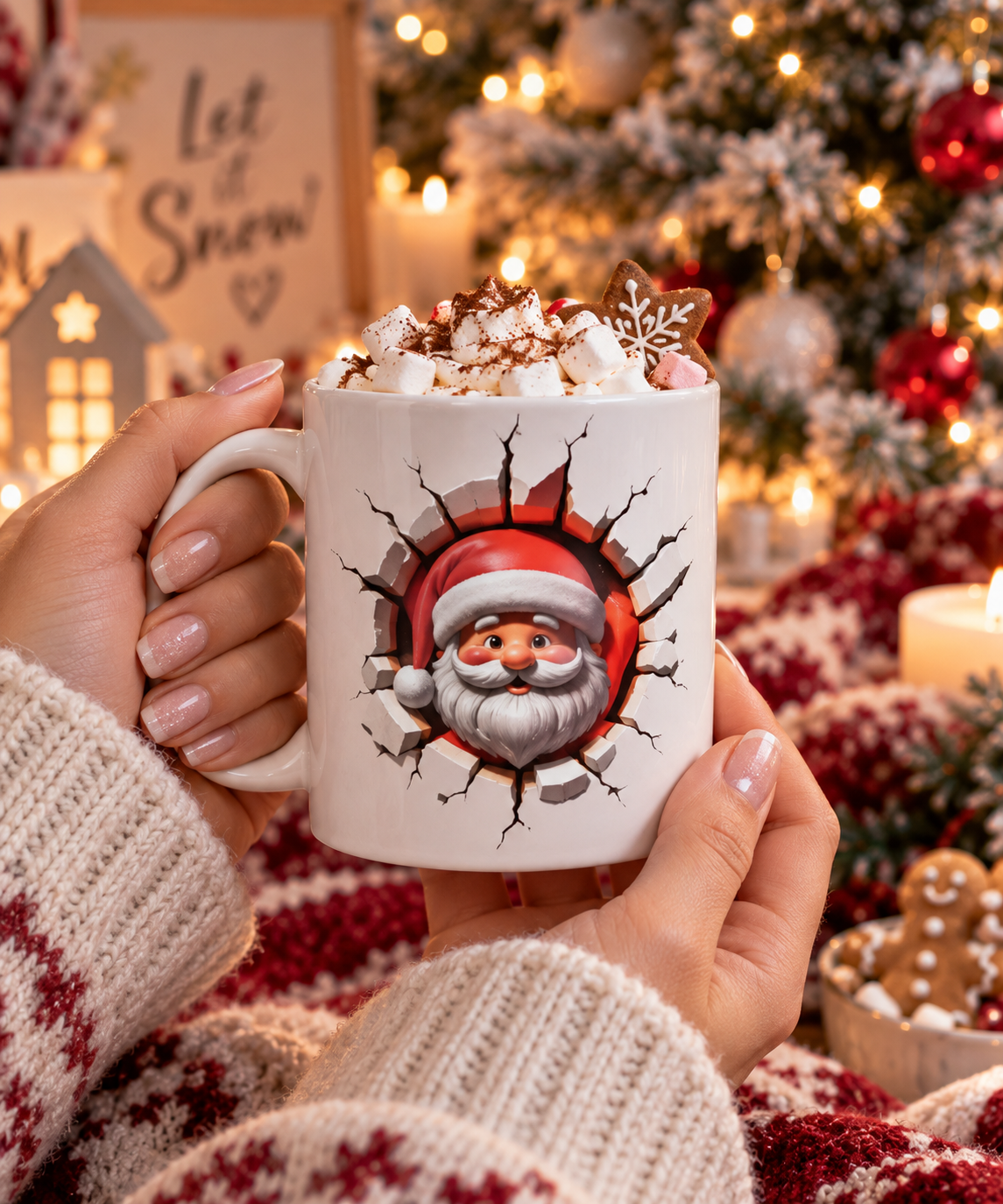 Mug de Noël 350 ml motif Père Noël tenu dans les mains avec chocolat chaud, ambiance cosy et festive