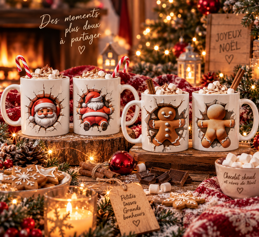 Mugs de Noël Père Noël et P’tit Biscuit en céramique dans une ambiance cosy avec chocolat chaud