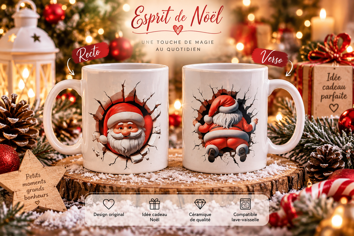 Mug de Noël Père Noël en céramique avec illustration recto-verso effet trompe-l’œil