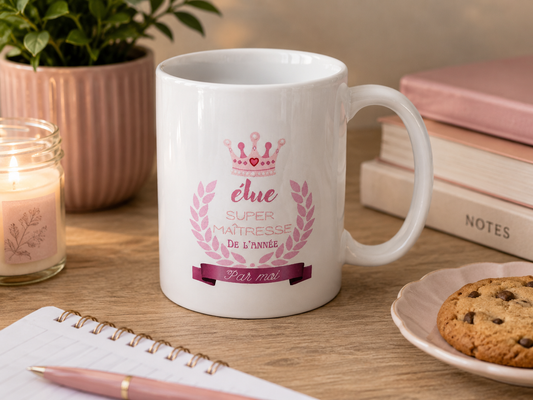 Mug “Élue Super Maîtresse de l’Année” – Cadeau maîtresse original – Tasse maîtresse personnalisée