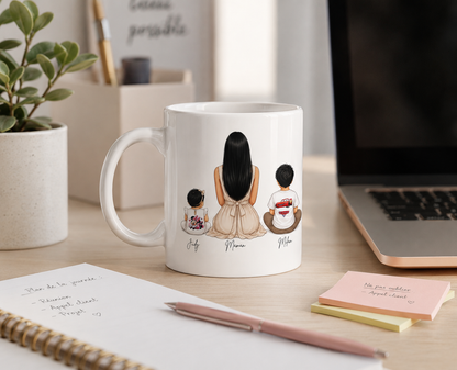 Tasse Personnalisée Famille de Dos – Papa, Maman, Enfants & Animaux | Mug 12 oz