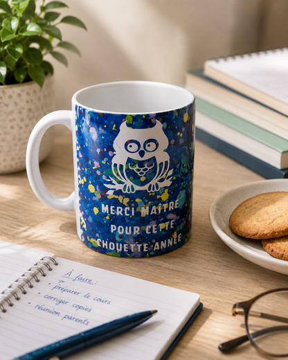 Mug personnalisé bleu avec hibou blanc et inscription “Merci Maître pour cette chouette année” dans une ambiance chaleureuse et cocooning.