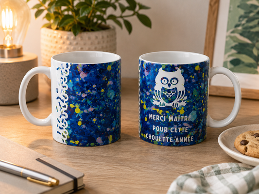 Mug personnalisé bleu avec hibou blanc et inscription “Merci Maître pour cette chouette année” dans une ambiance chaleureuse et cocooning.