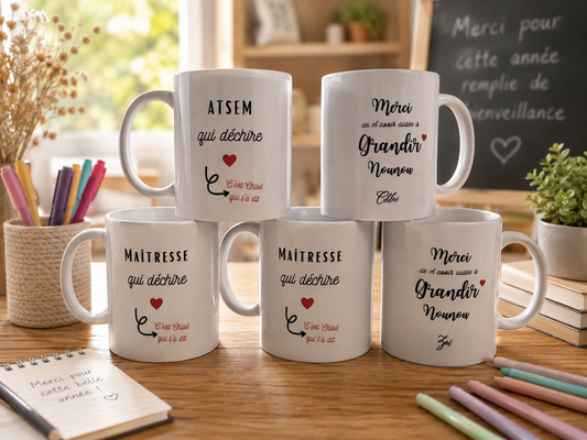 Ensemble de mugs personnalisés pour maîtresse, ATSEM et nounou avec messages de remerciement et prénom de l'enfant, sublimés recto et verso.
