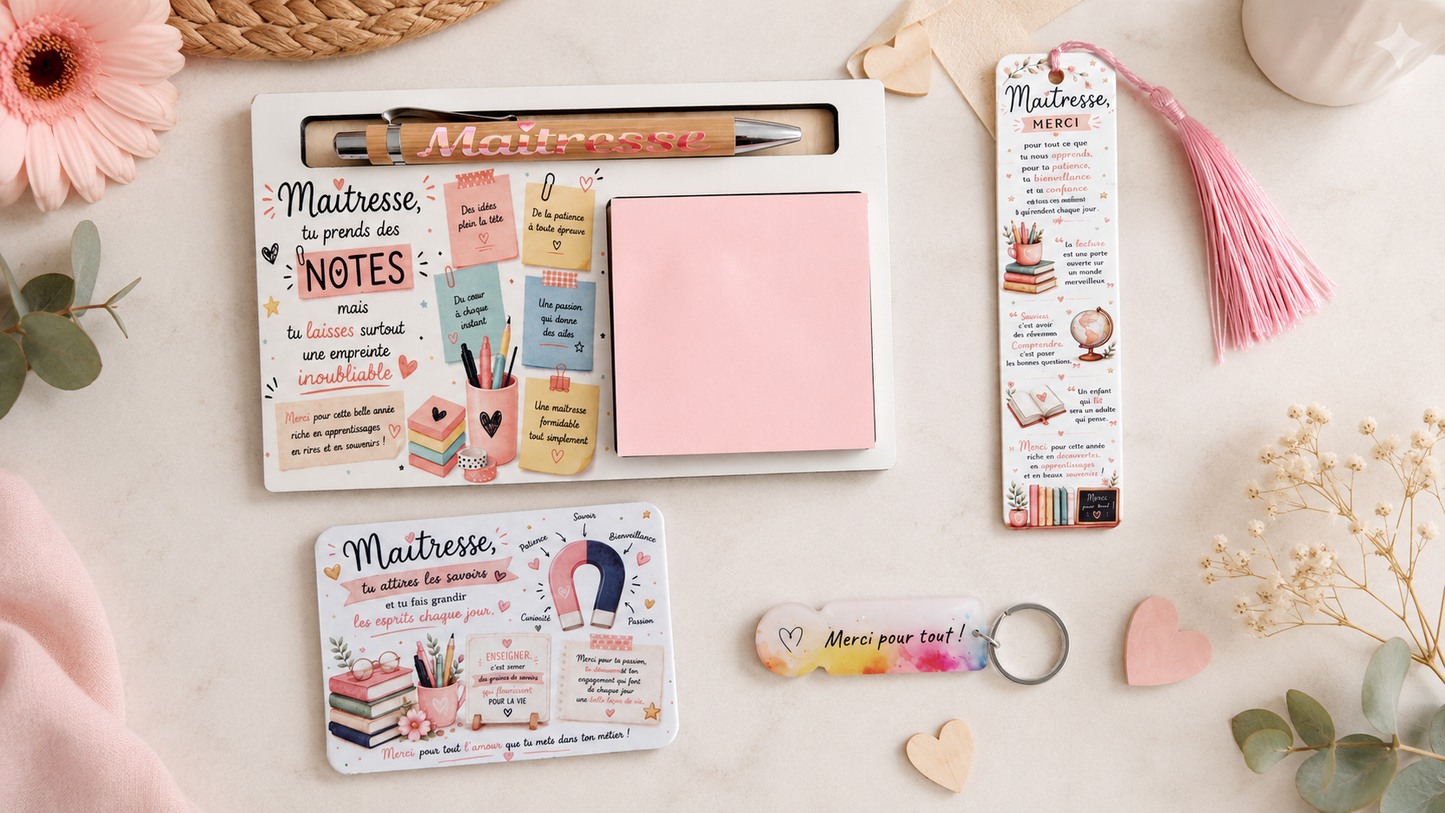 bloc-notes personnalisé avec stylo ,marque page , magnet et porte clé jeton de caddie présent dans la box maîtresse
