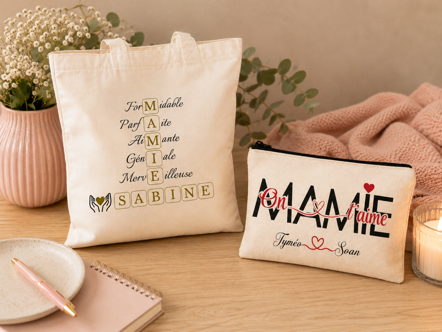 Duo Tote Bag & Trousse “Mamie” Personnalisés – Cadeau Fête des Mamies