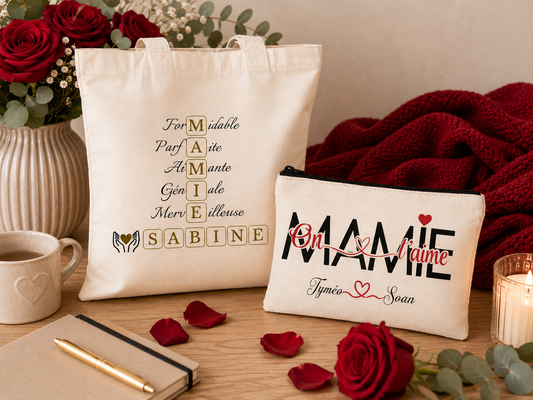 Duo Tote Bag & Trousse “Mamie” Personnalisés – Cadeau Fête des Mamies