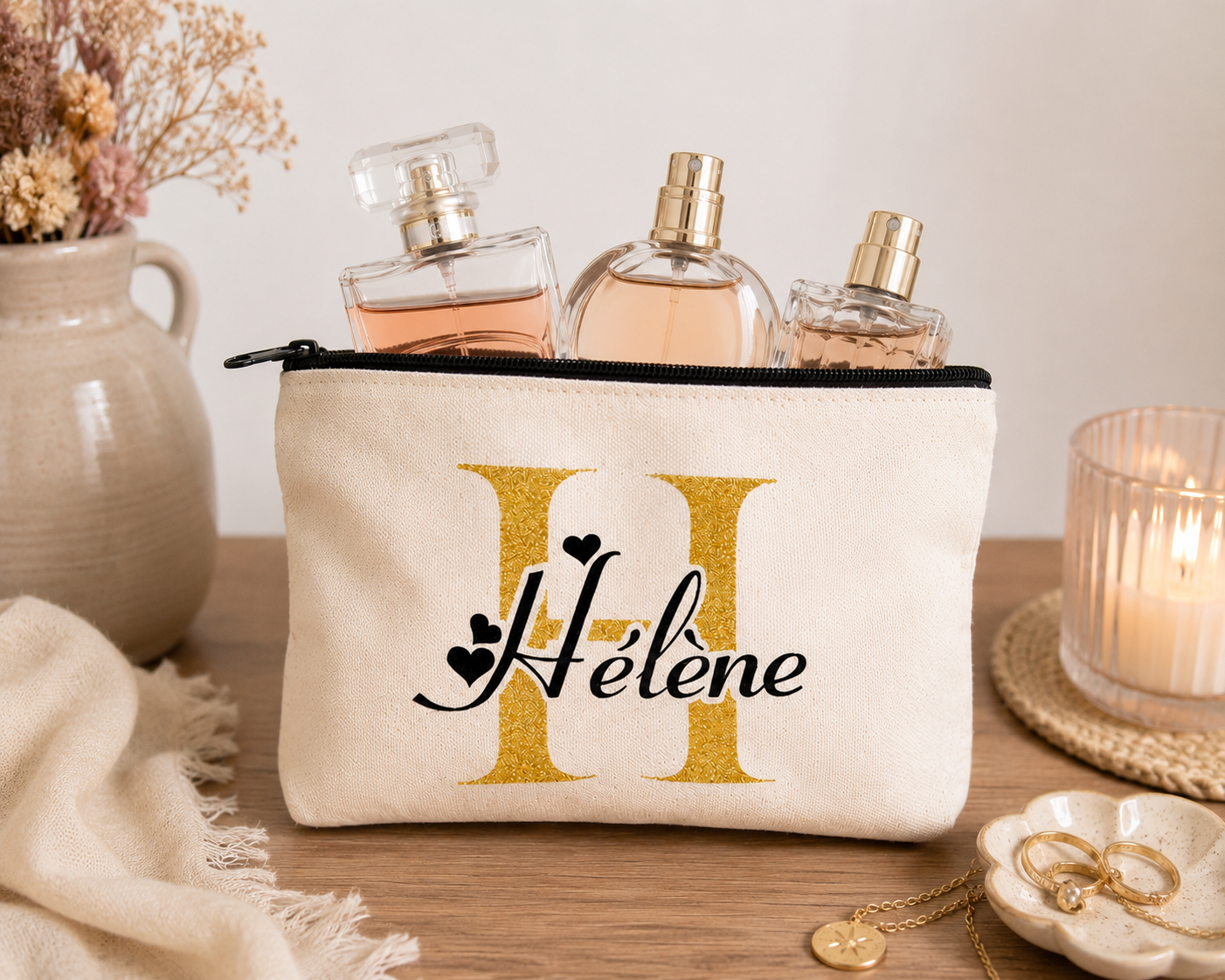 trousse personnalisé avec initial et prénom  rangement parfum