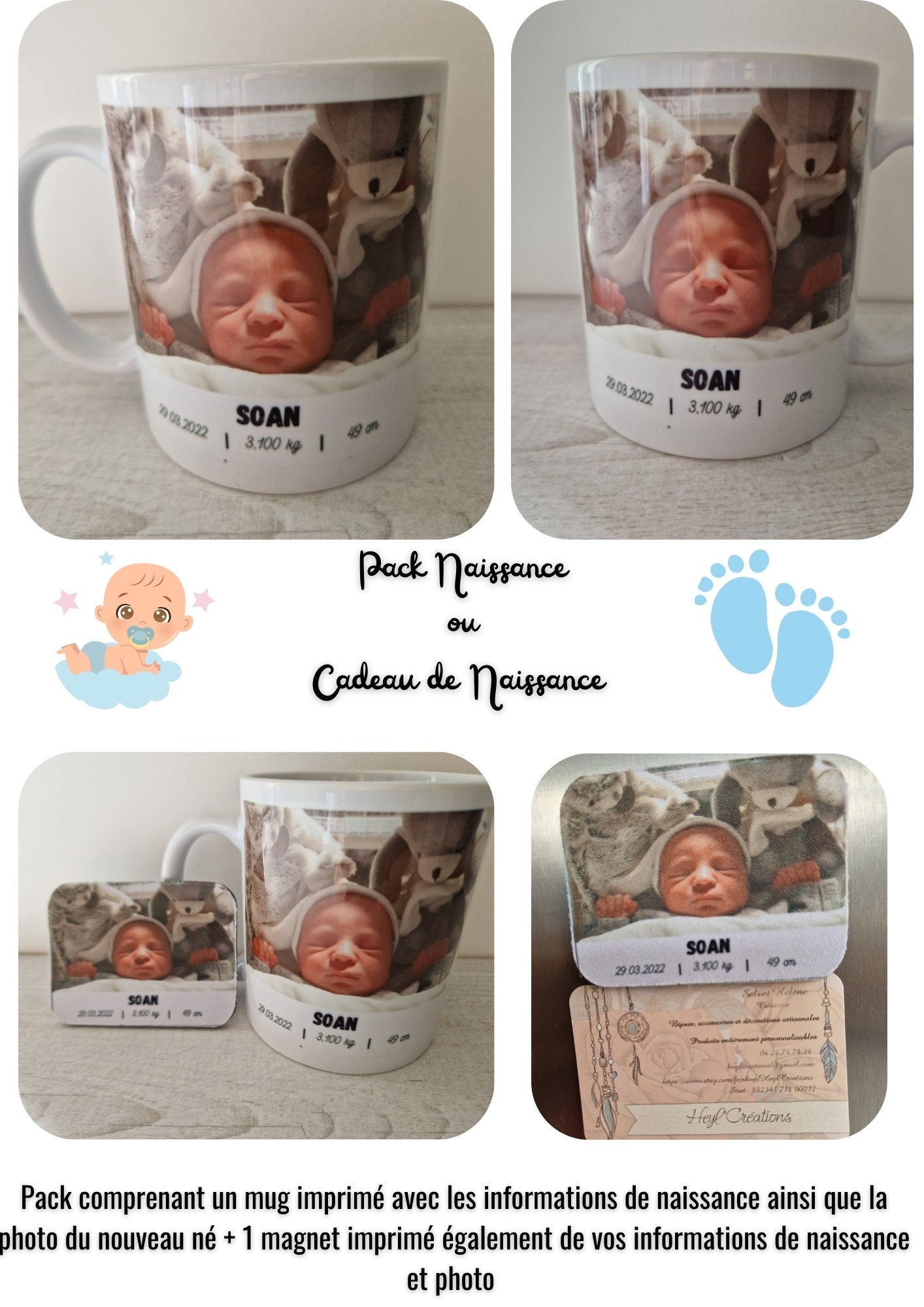 Pack naissance personnalisé mug photo bébé magnet souvenir naissance Heyl’Créations