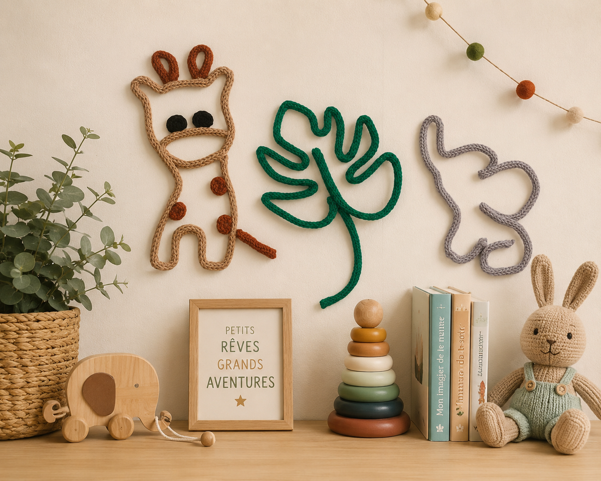 animaux de safari en tricotin accroché au mur décoration chambre enfant
