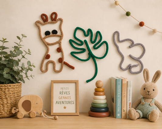 animaux de safari en tricotin accroché au mur décoration chambre enfant
