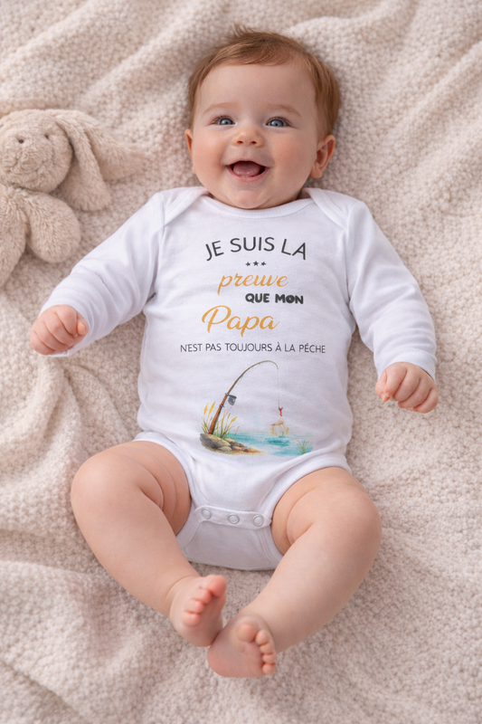 Body bébé annonce grossesse humour “Je suis la preuve que mon papa n’est pas toujours à la pêche”, body personnalisé cadeau futur papa