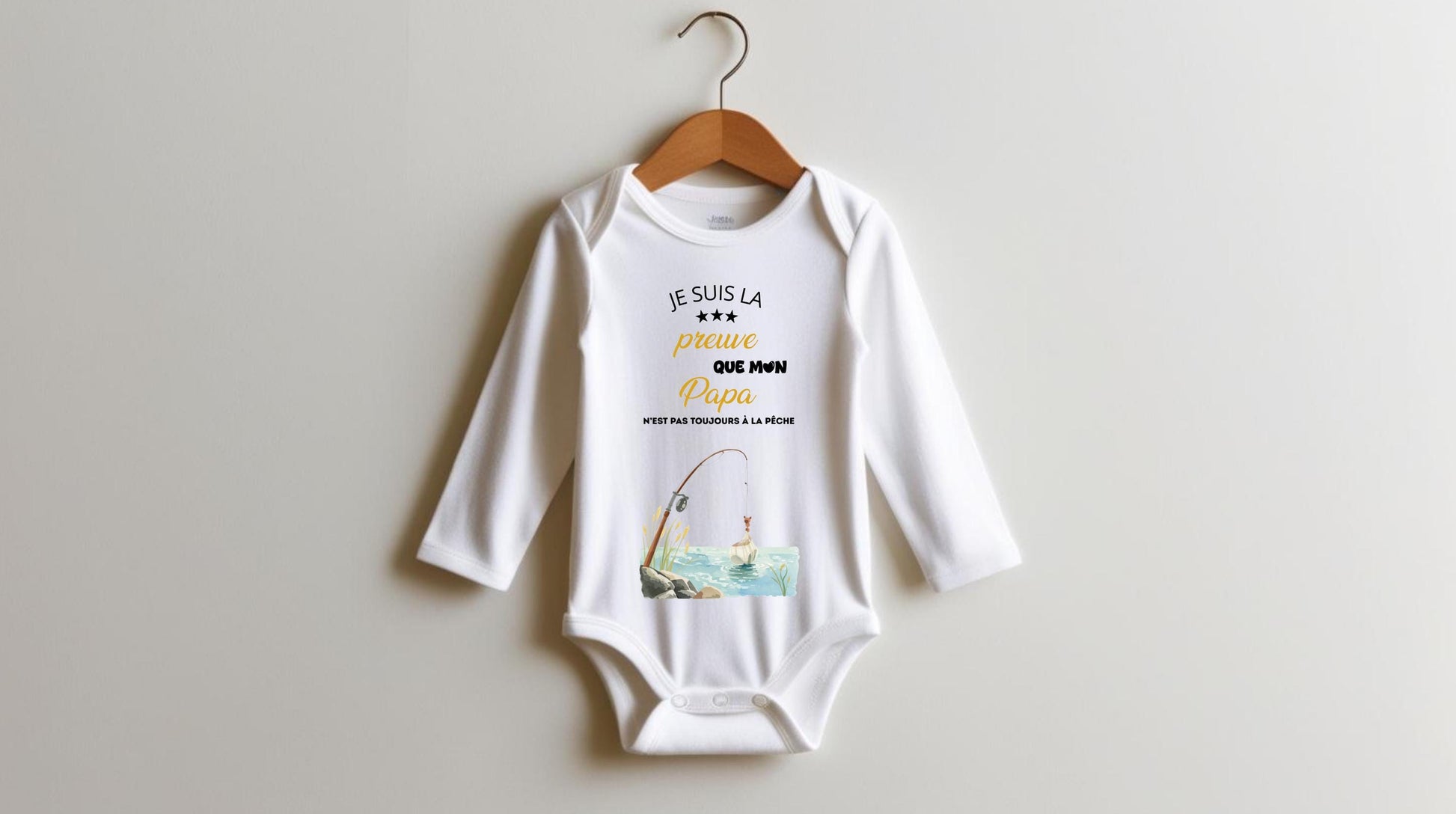 Body bébé annonce grossesse humour “Je suis la preuve que mon papa n’est pas toujours à la pêche”, body personnalisé cadeau futur papa