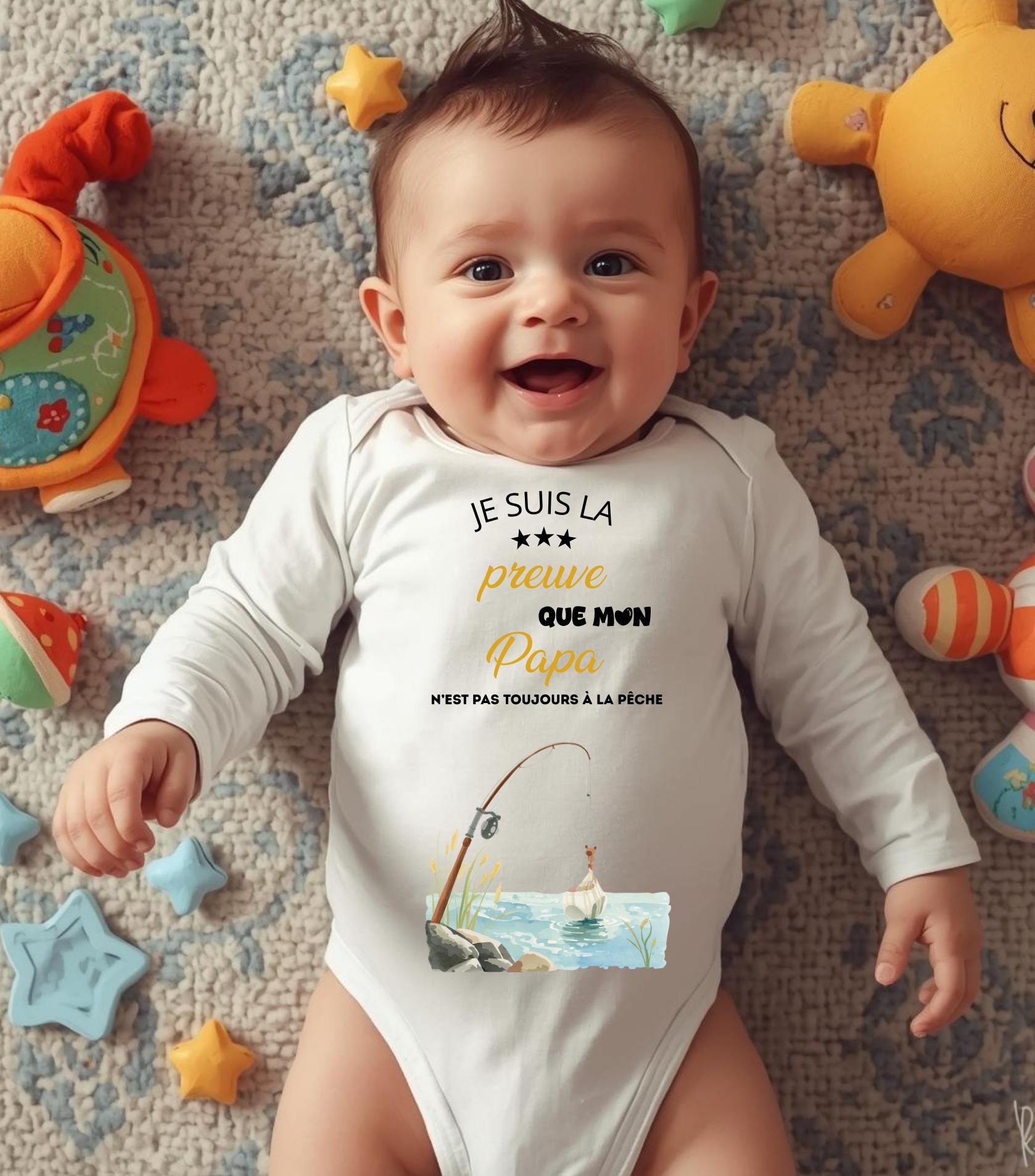 Body bébé annonce grossesse humour “Je suis la preuve que mon papa n’est pas toujours à la pêche”, body personnalisé cadeau futur papa