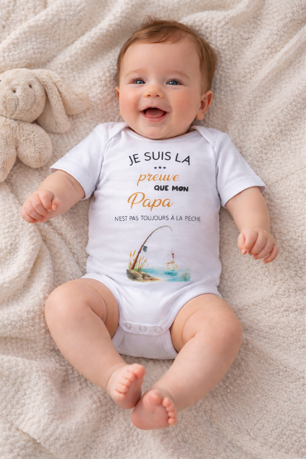 Body bébé annonce grossesse humour “Je suis la preuve que mon papa n’est pas toujours à la pêche”, body personnalisé cadeau futur papa
