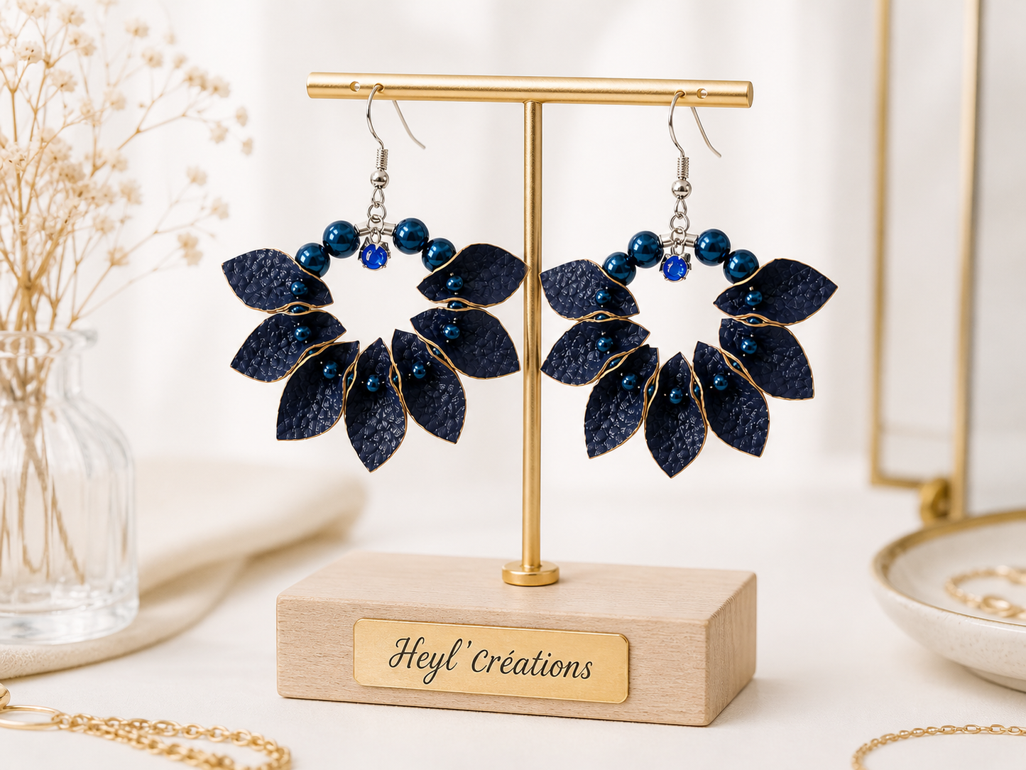 Boucles d’oreilles bleues artisanales Heyl’créations présentées sur un support à bijoux