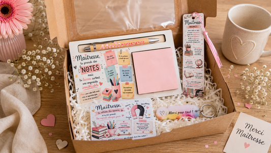 Box cadeau personnalisée pour maîtresse avec bloc-notes avec stylo, marque-page, magnet souvenir et porte-clé jeton de caddie, présentée dans un coffret cadeau prêt à offrir.