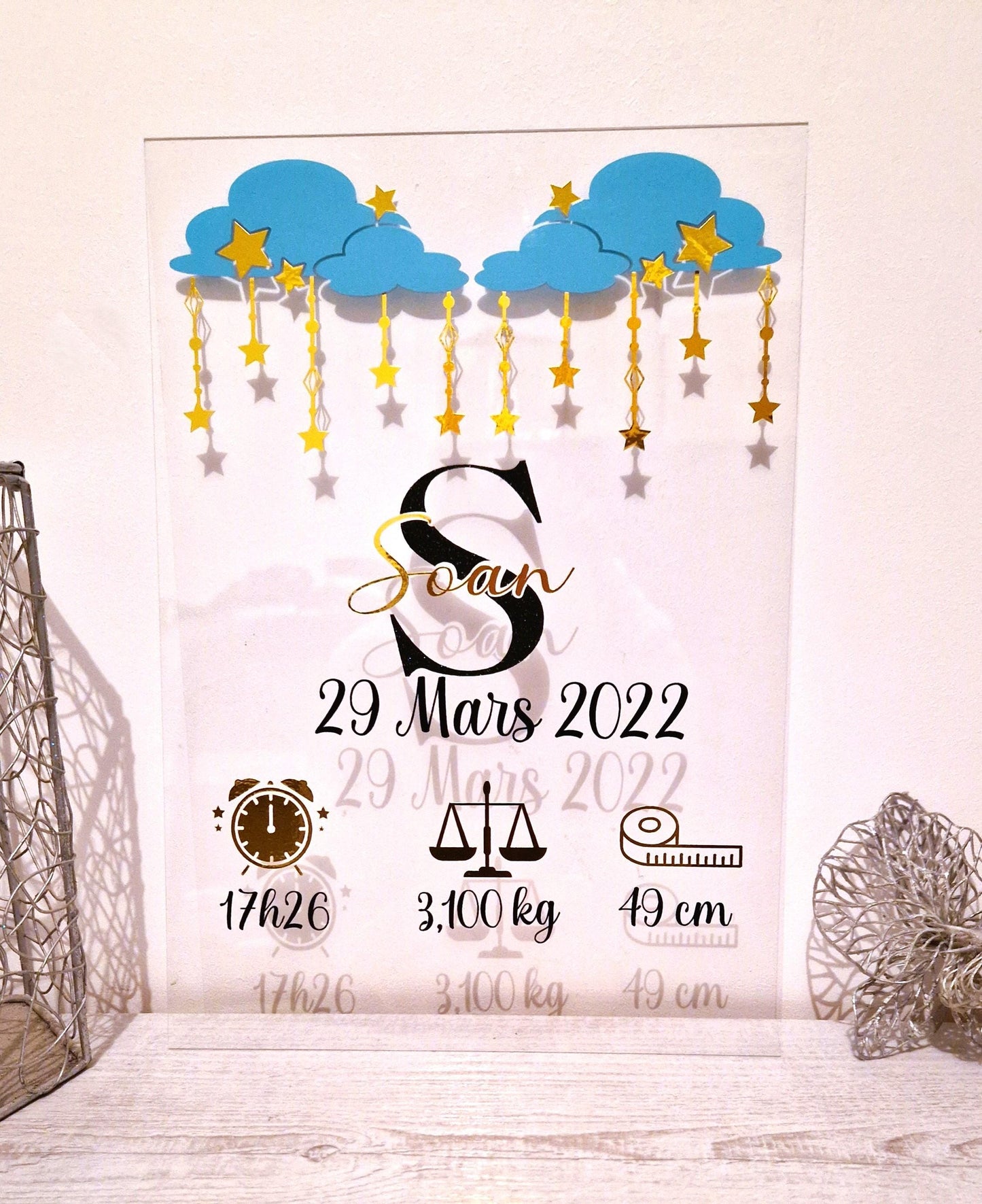 Plaque naissance personnalisée plexiglass prénom bébé souvenir Heyl’Créations