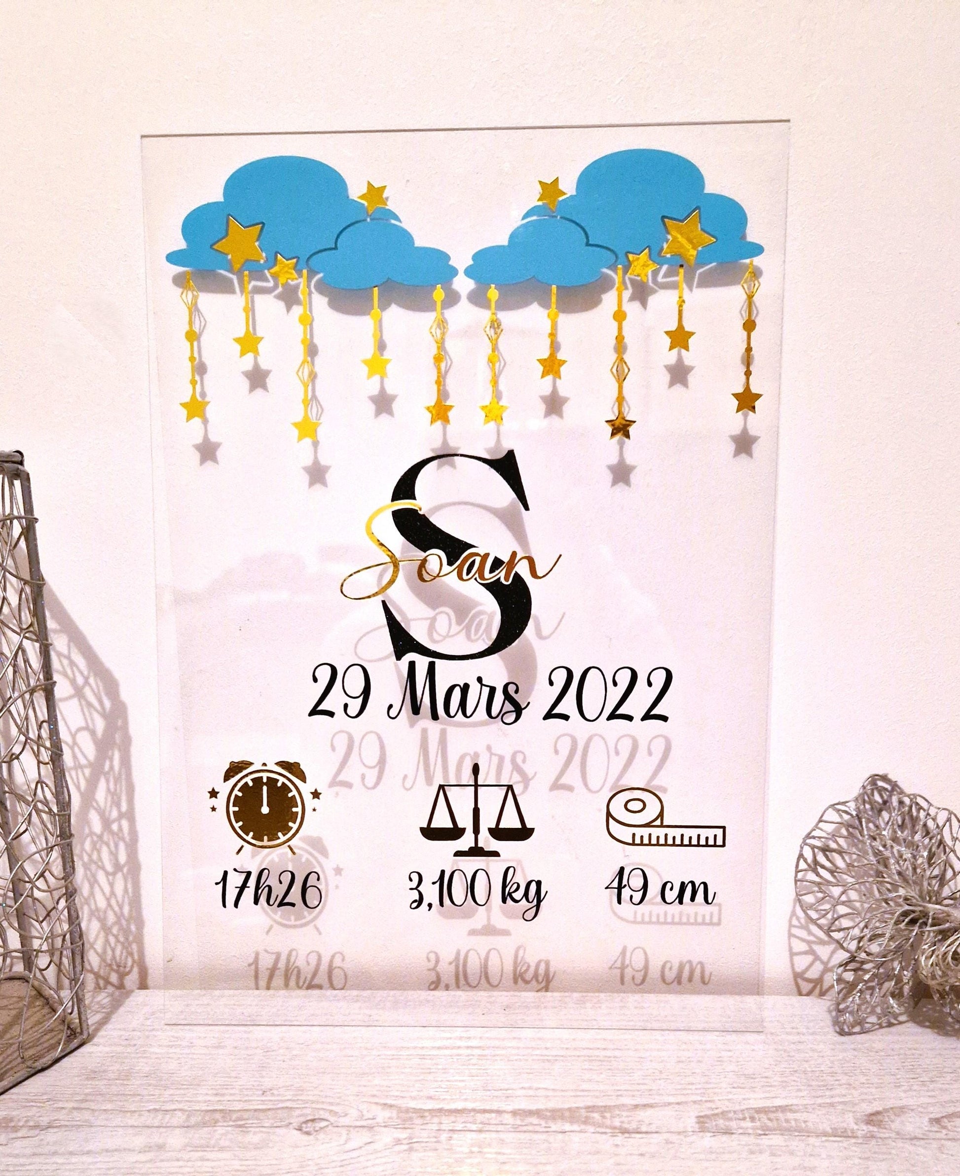 Plaque naissance personnalisée plexiglass prénom bébé souvenir Heyl’Créations