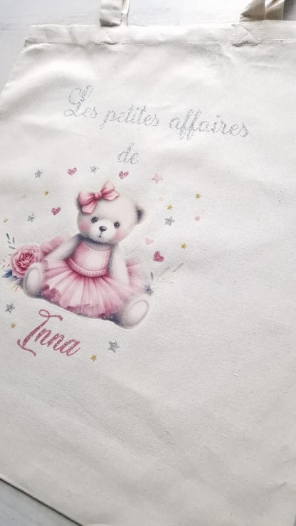 Tote bag personnalisé prénom fille ourson sac enfant coton Heyl’Créations