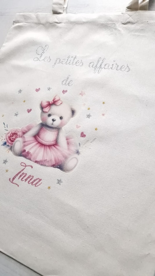 Tote bag personnalisé prénom fille ourson sac enfant coton Heyl’Créations