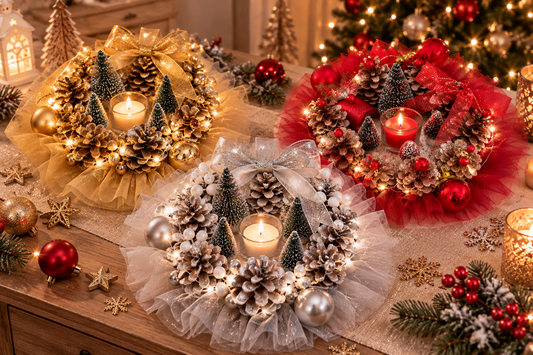 Centres de table de Noël lumineux faits main en trois coloris argent blanc, or et rouge
