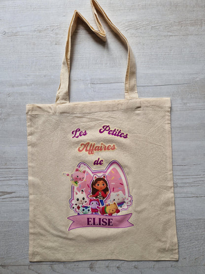 Tote bag prénom enfant chat dessin animé personnalisé Heyl’Créations