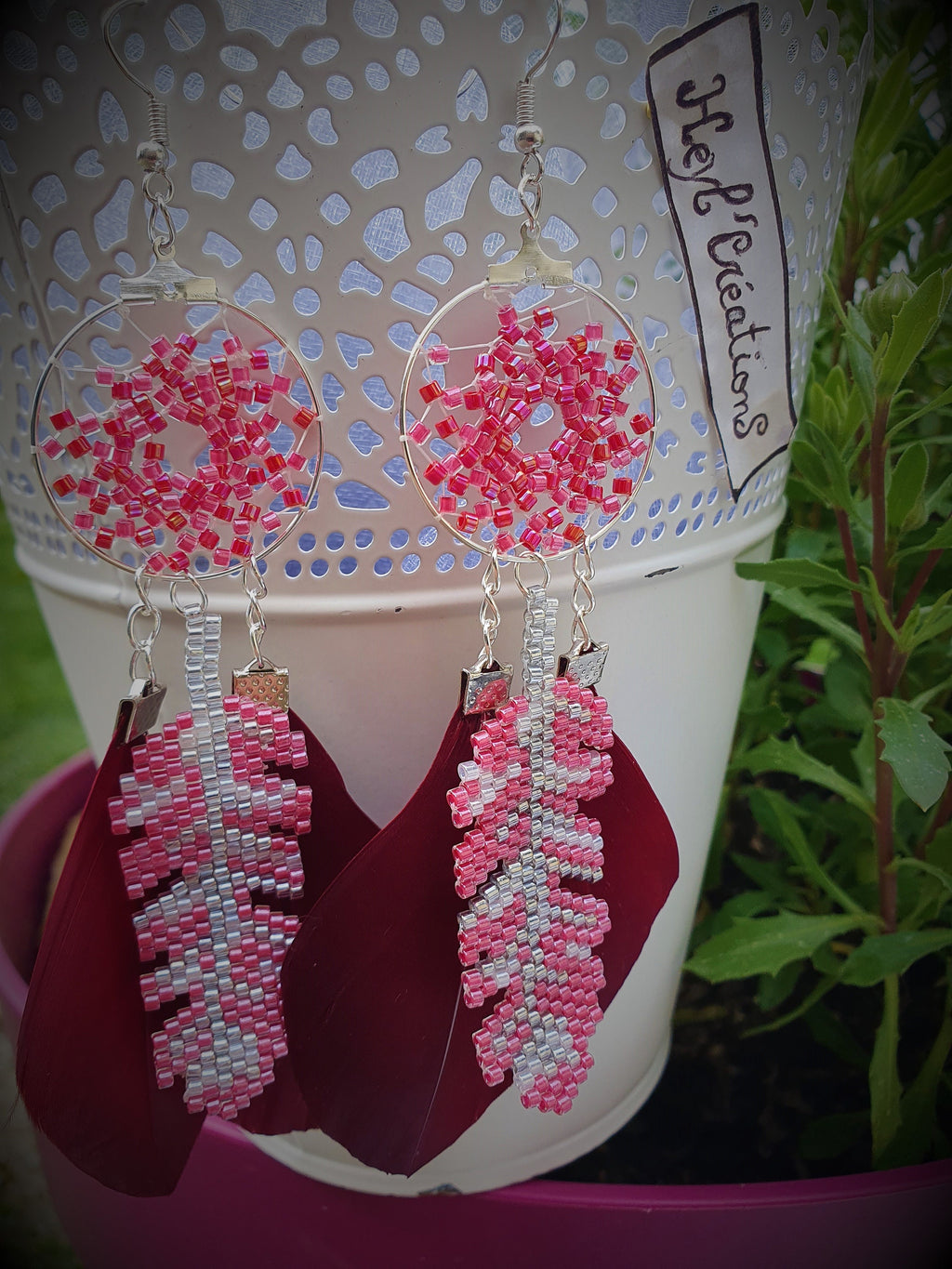 Boucle d'oreille attrape rêve Rouge Fushia / Dream Catcher