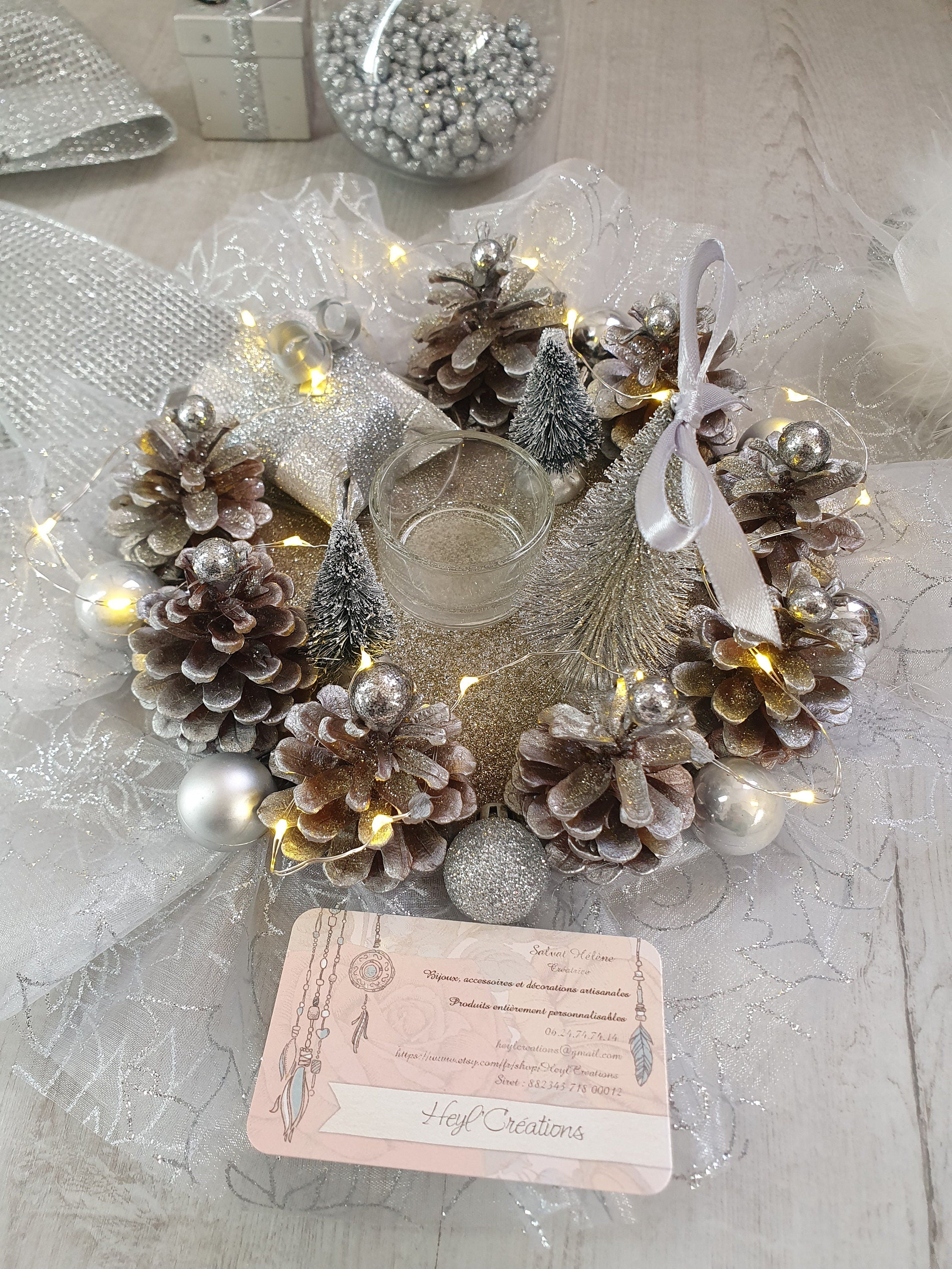 Centre de table couleur gris argenté avec guirlande Led intégrée