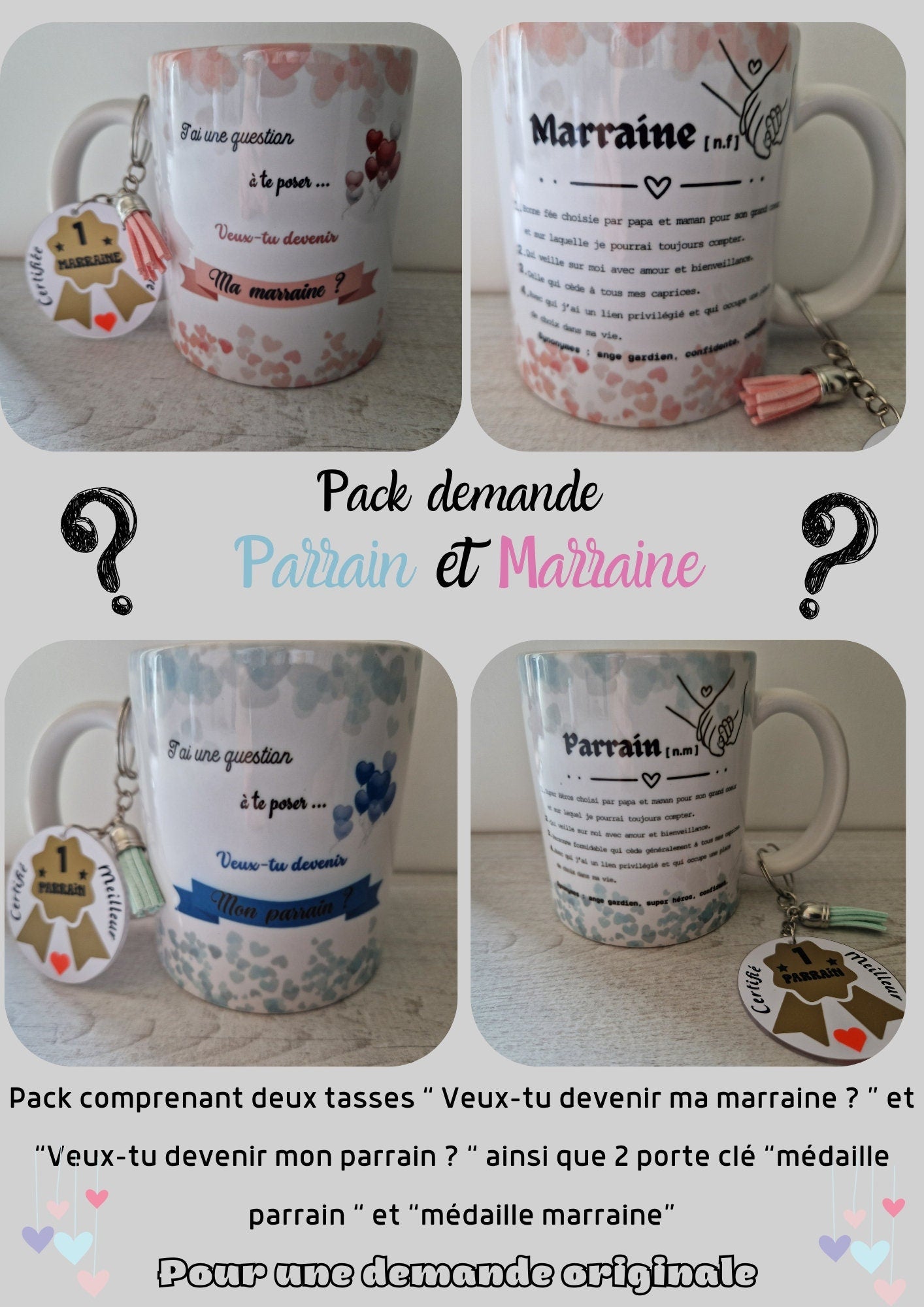 Pack annonce parrain marraine mugs personnalisés porte clés demande originale Heyl’Créations