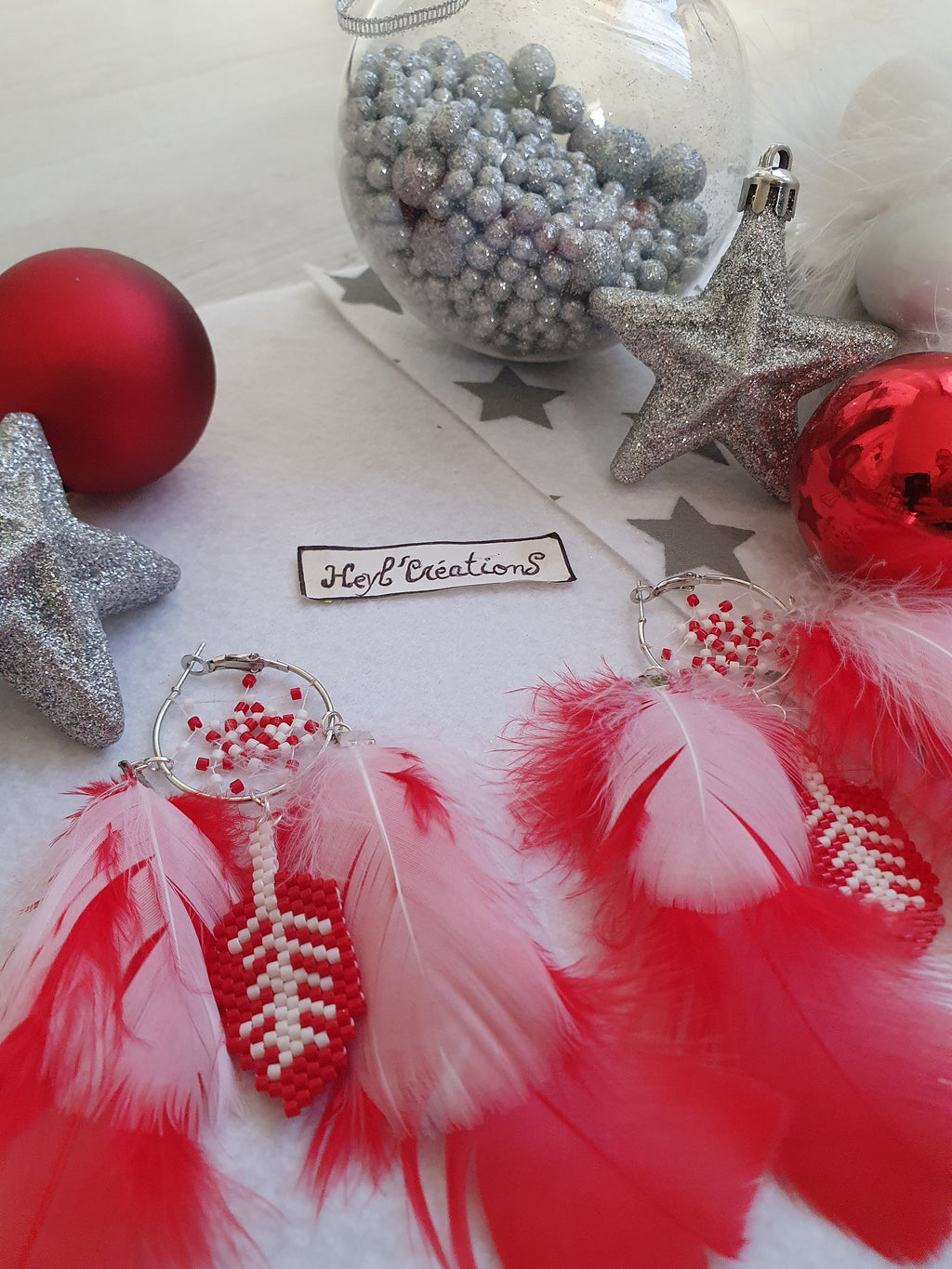 Boucle d'oreille attrape rêve Rouge et Blanche/ Boucle d'oreille de Noel