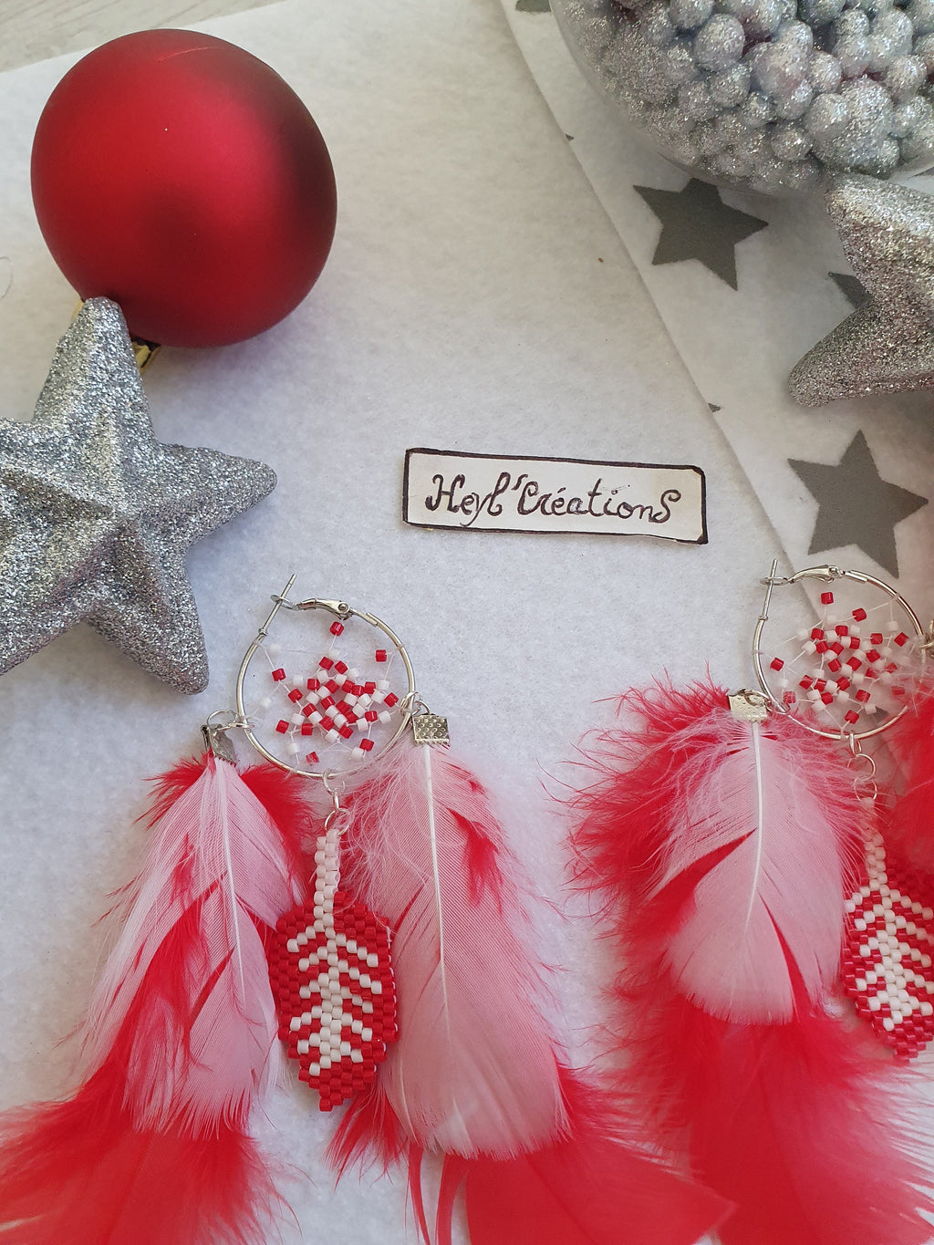 Boucle d'oreille attrape rêve Rouge et Blanche/ Boucle d'oreille de Noel