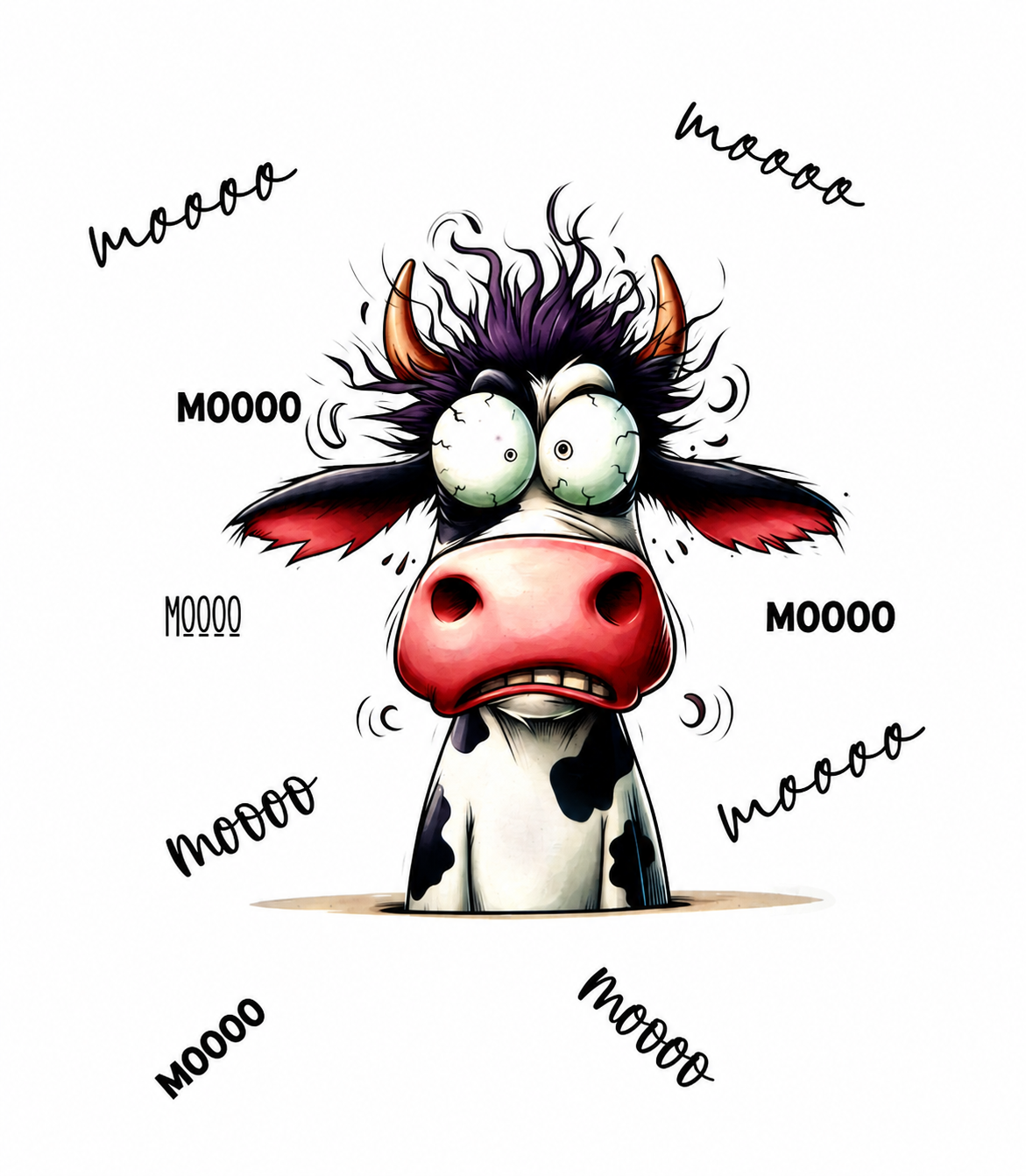 Tote bag en coton avec illustration humoristique d’une vache folle entourée de texte MOOO zoom design
