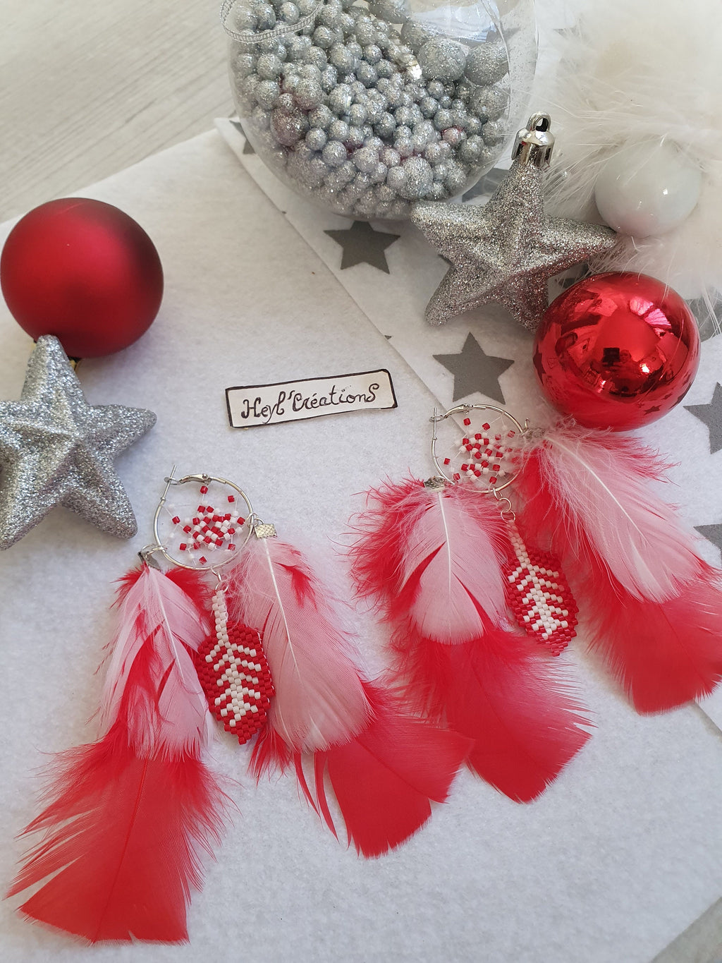 Boucle d'oreille attrape rêve Rouge et Blanche/ Boucle d'oreille de Noel