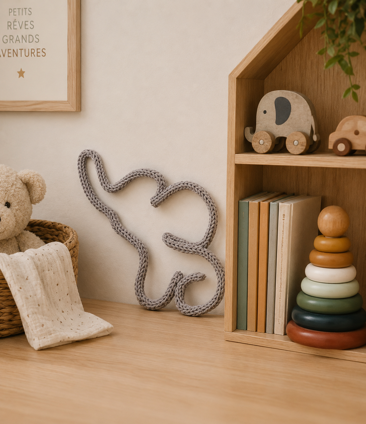 éléphant en tricotin décoration chambre d'enfant bohème 