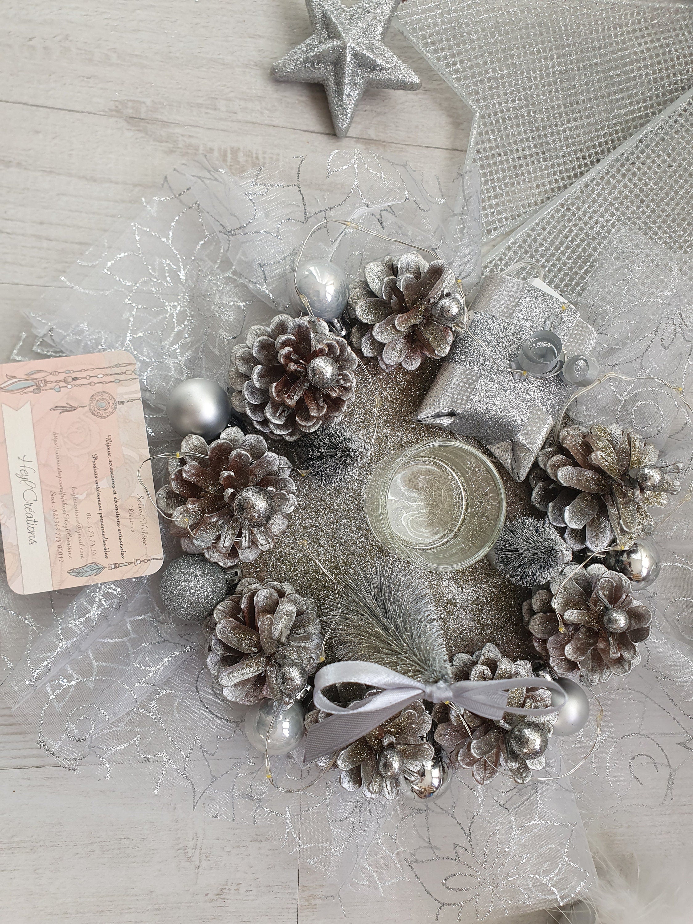 Centre de table couleur gris argenté avec guirlande Led intégrée