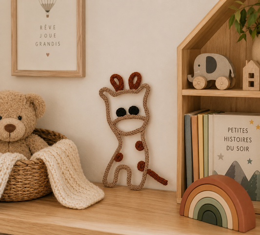girafe en tricotin posé sur support chambre d'enfant